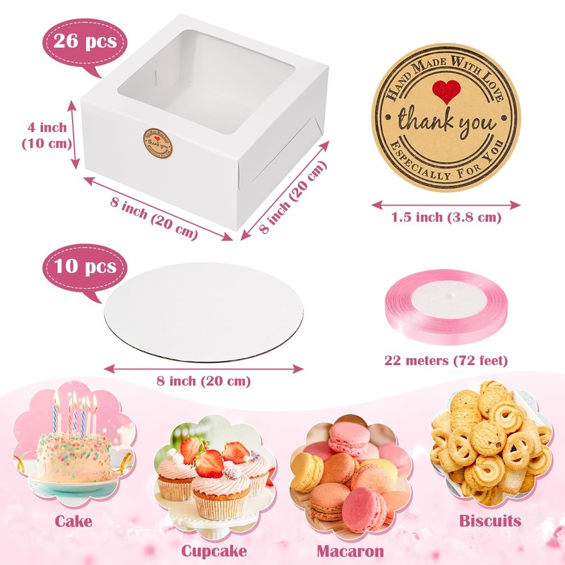 26 PCS White Cake Bakery Boxes Windows 8x8x4 Inch Bread Pastries Cookie Pie gallery