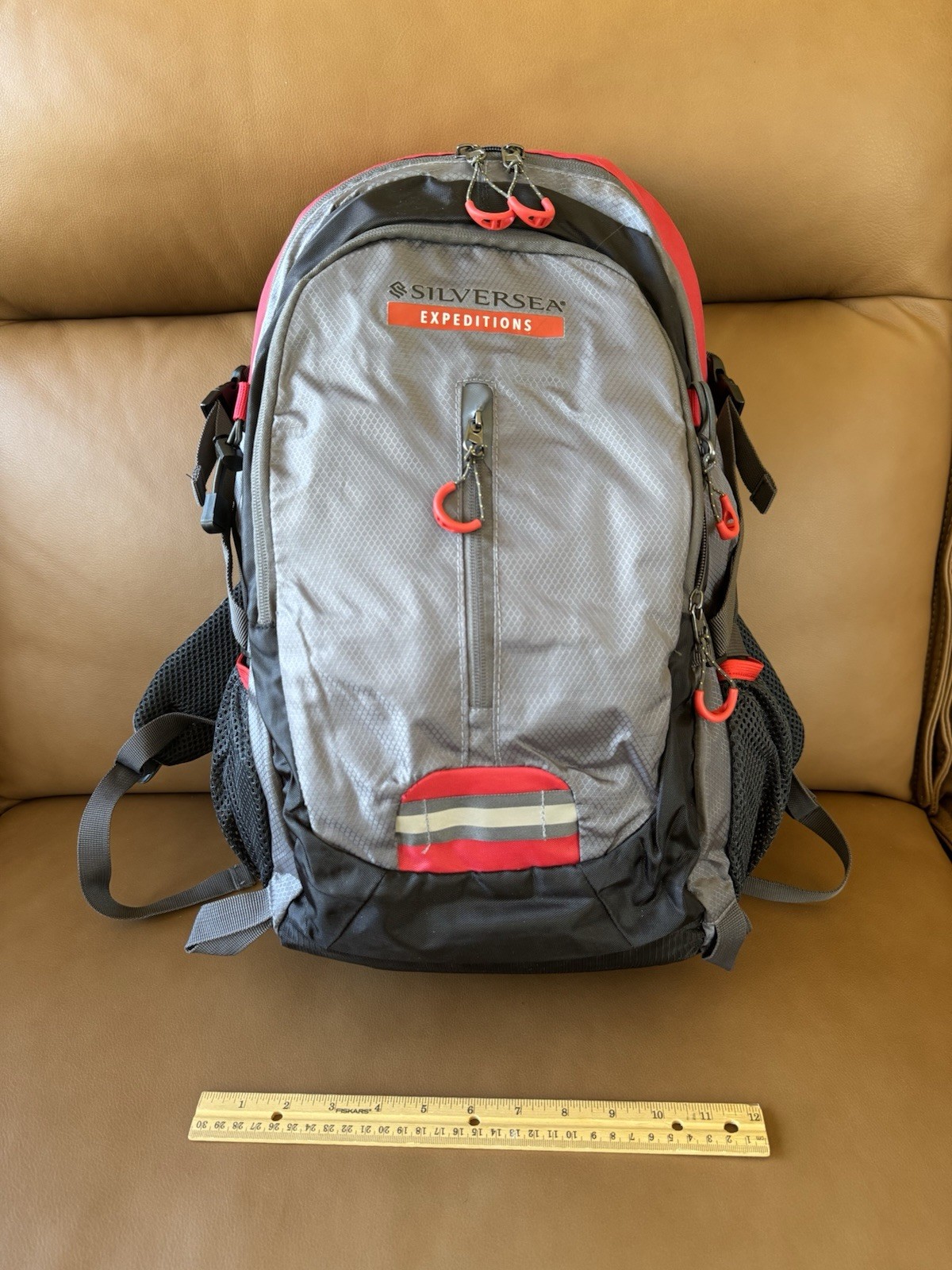SilverSea Expeditions Backpack~Gray Red~Padded~Multiple Zip Pockets ~18”x13”x7”