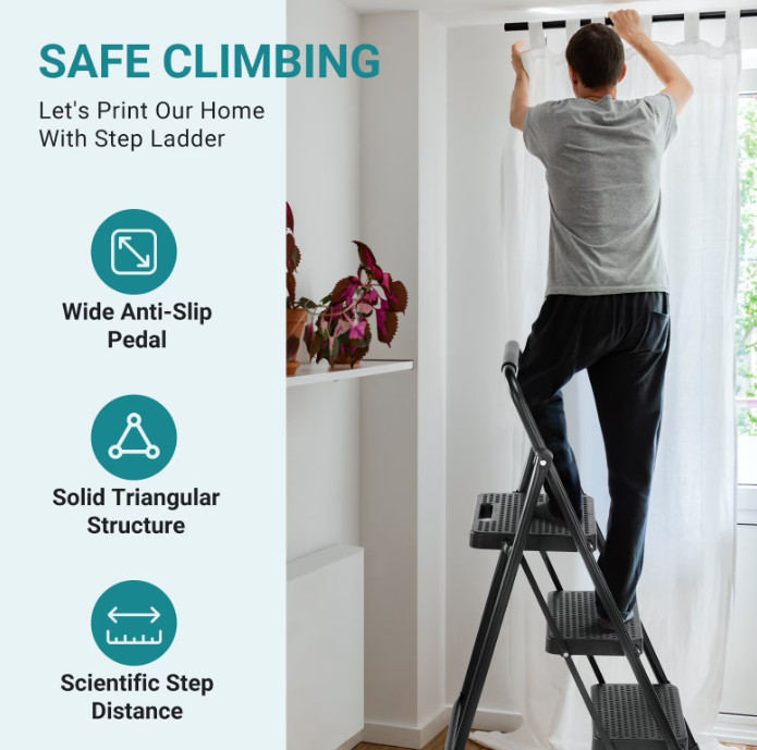 CONCETTA 3 Step Ladder, Folding Step Stool with Anti-Slip Pedal 800lbs Capacity gallery