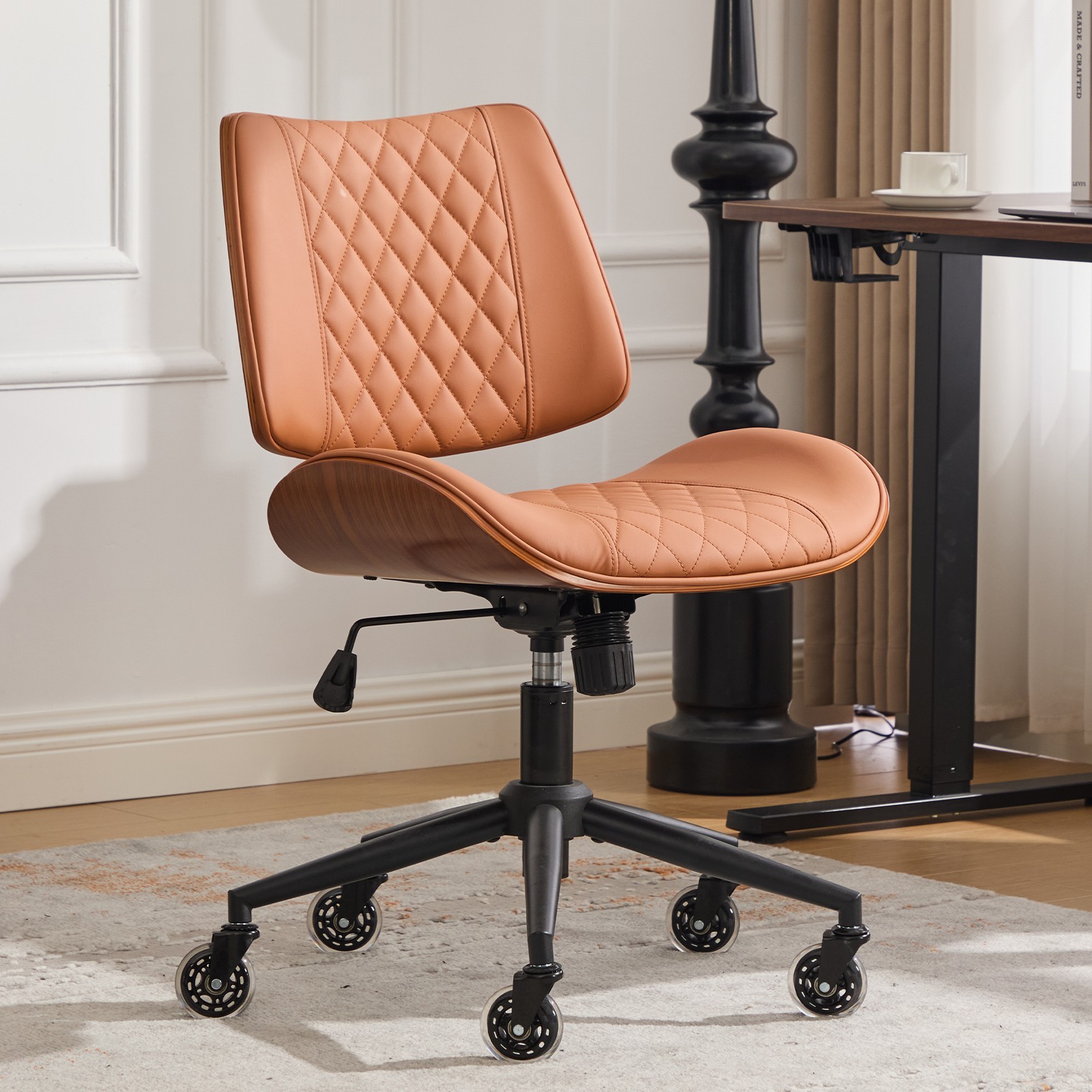 Ergonomic Mid Back Armless Chair, Adjustable Height, 360 Swivel, Brown Leather. gallery