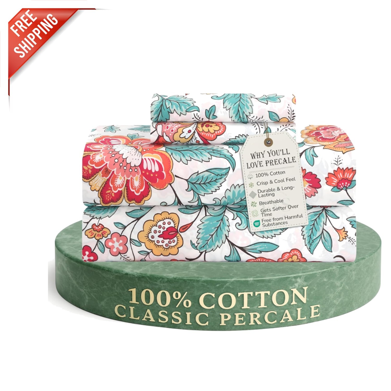 300 Thread Count Crisp Cotton Queen Sheets, Cooling Deep Pocket Vintage Garden gallery