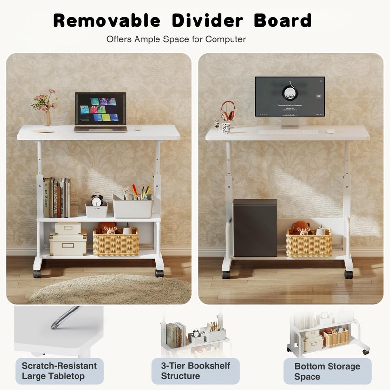 31.5'' Adjustable Height Rolling Computer Desk with Storage Shelves gallery