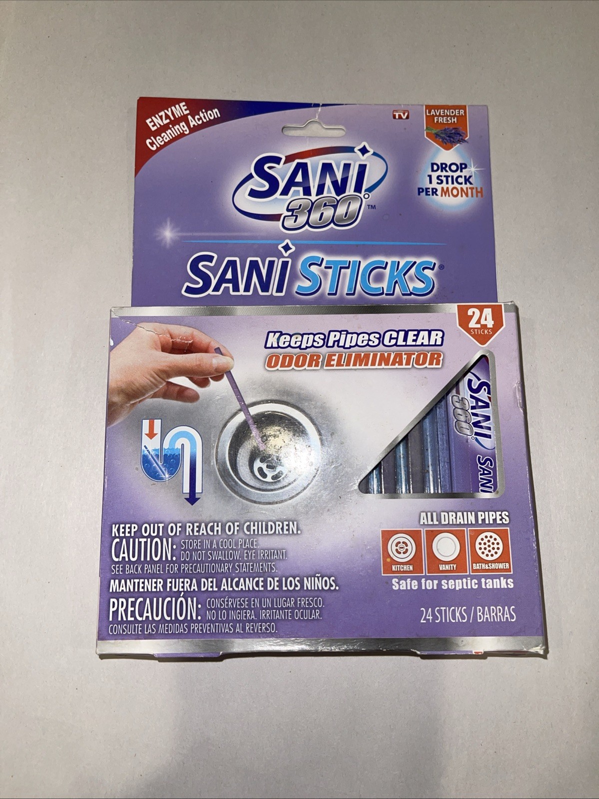 Sani 360 Clear All Drains Pipes Sinks Bathtub ODOR ELIMINATOR STICKS ~ LAVENDER gallery