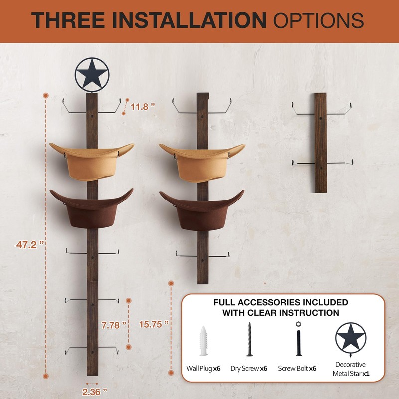 Cowboy Hat Rack 6-Piece Wall-Mount 20cm Depth 47in Height - Storage Organizer gallery