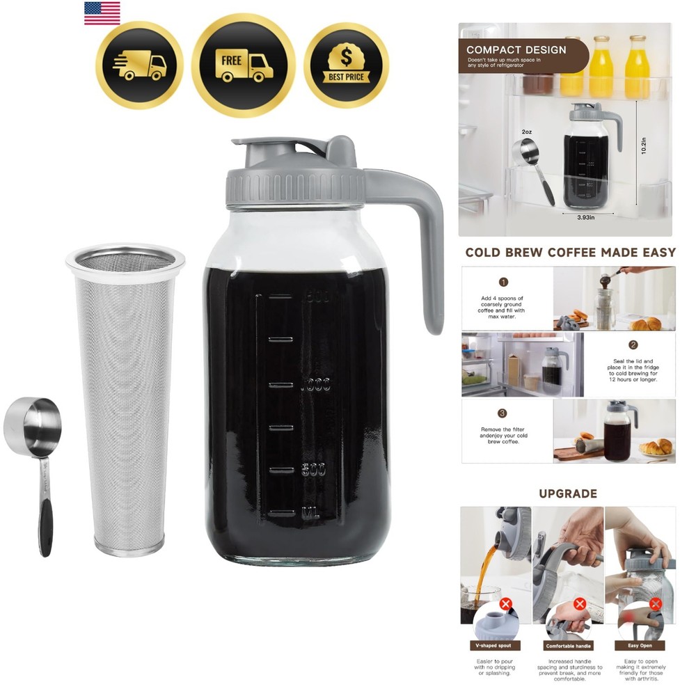 Cold Brew Coffee Maker Pitcher, 64 OZ Heavy Duty Glass Wide Mouth Mason Jar P...