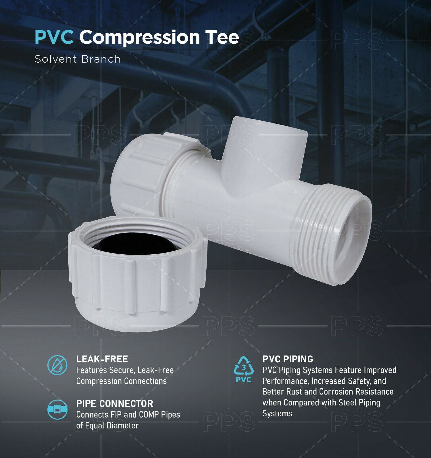 PVC Compression Tee Pipe Plumbing Fitting Threaded Solvent Branch 1/2"in-2"in gallery