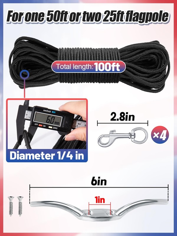 Flag Rope and Clips Kit with Cleat Hook & Swivel Snap Clip Flagpoles Up to 50ft gallery