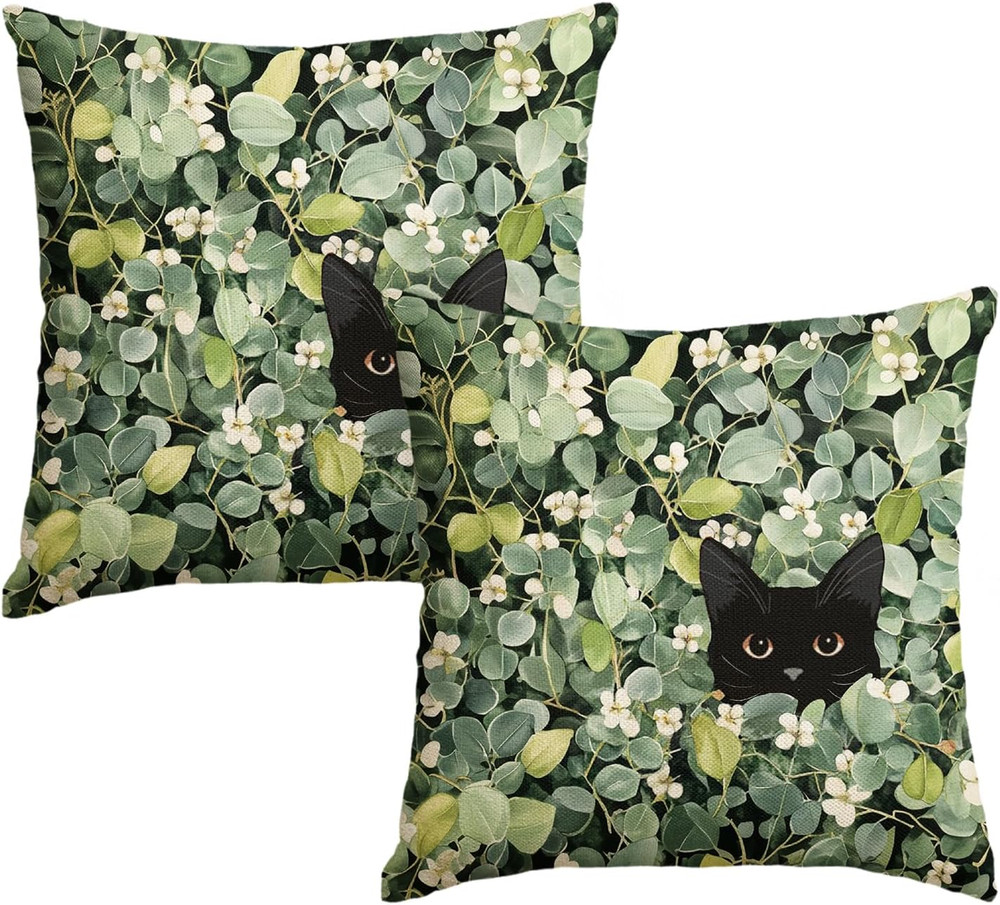 Spring Eucalyptus Leaves Black Cat Floral Throw Pillow Covers, 18 X 18 Inch Flow