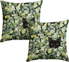 Spring Eucalyptus Leaves Black Cat Floral Throw Pillow Covers, 18 X 18 Inch Flow