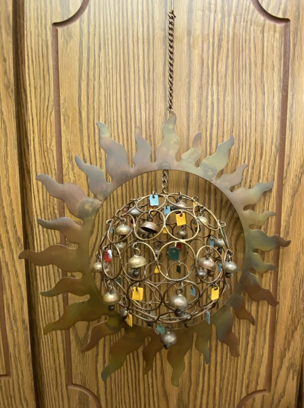 Copper Celestial Sun w Hanging/Spinning Orb Wind Chimes I/O Boho Rustic Decor gallery