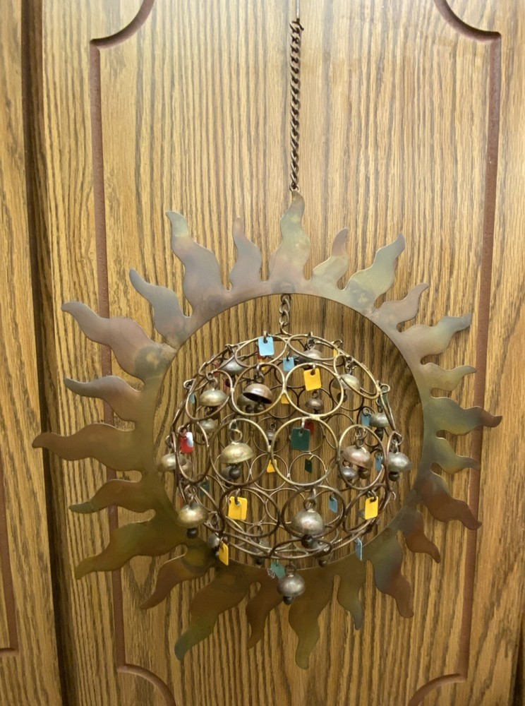 Copper Celestial Sun w Hanging/Spinning Orb Wind Chimes I/O Boho Rustic Decor