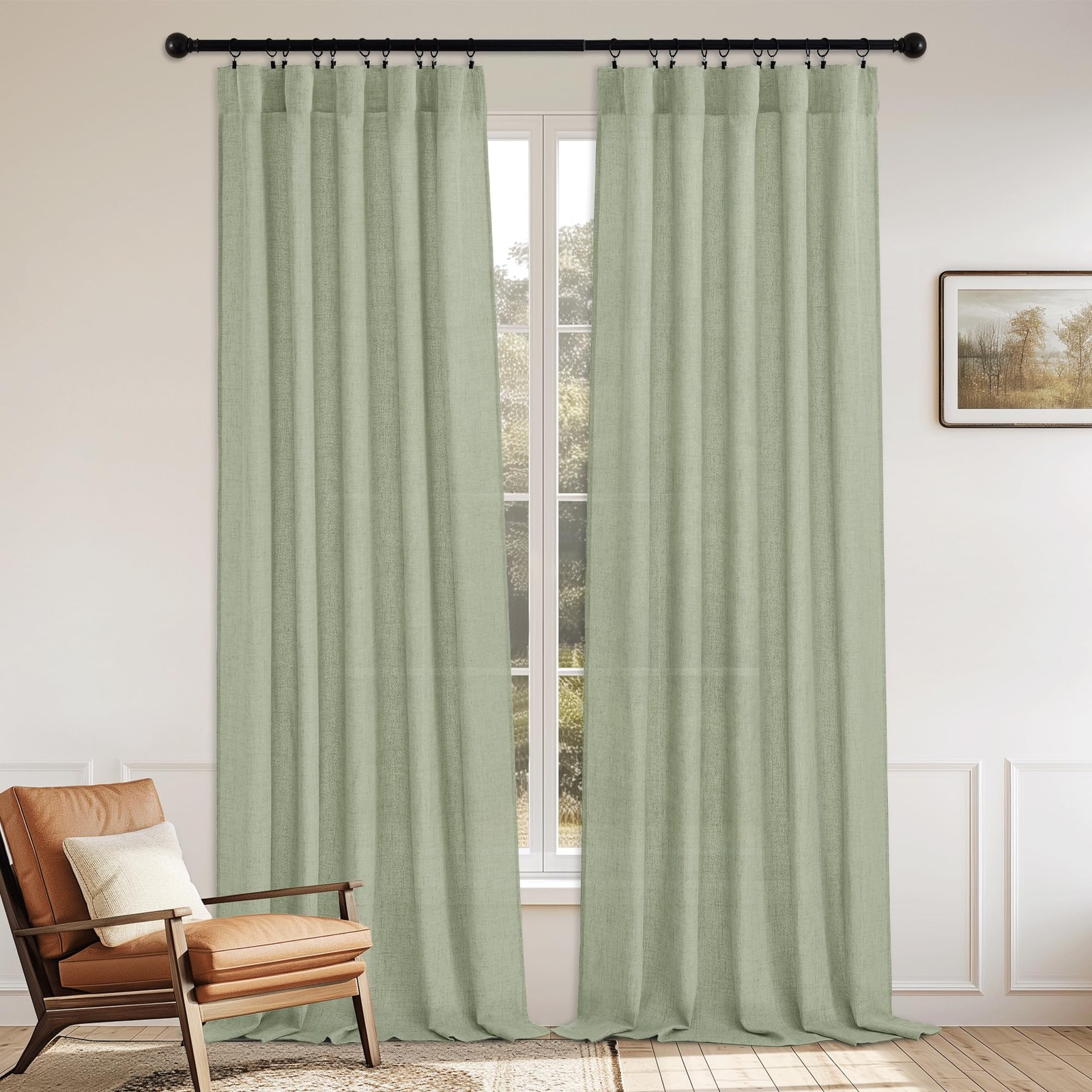 Faux Linen Curtains 84 inch Length Semi Sheer for Living Room, Sage Green Bur... gallery