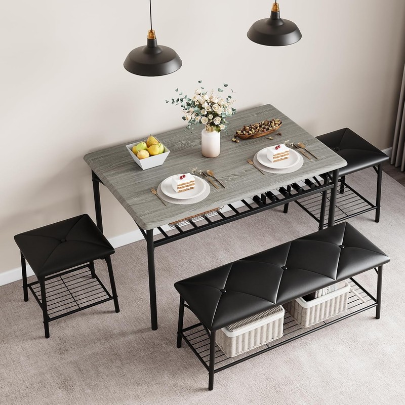 Dining Table with Bench and 2 Square Stools Storage Kitchen Table Set for 4 New gallery