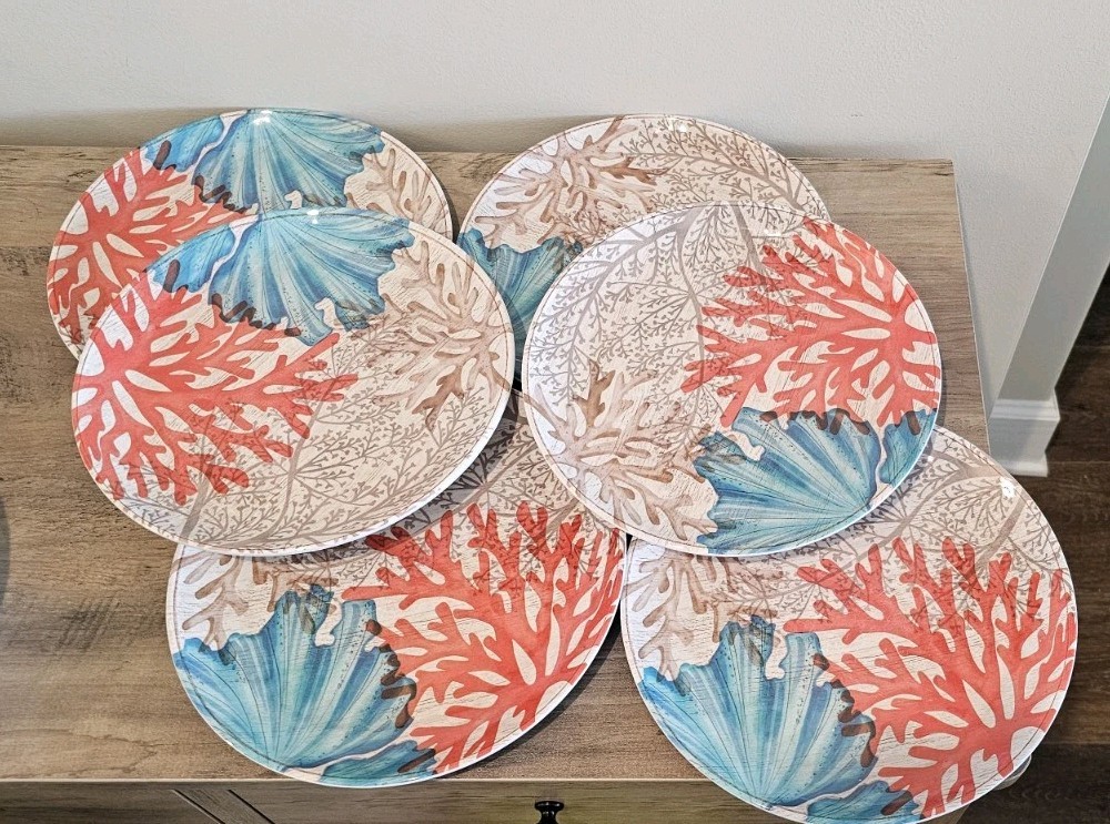 Coastal Beach Dinnerware 6 Place Setting 18 Pc Set Plates Bowls Coral Ocean gallery