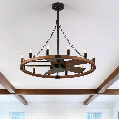 RUSTIC 35" FARMHOUSE WAGON Wheel CEILING FAN 12 LIGHTS Home Patio WALNUT / BLACK gallery
