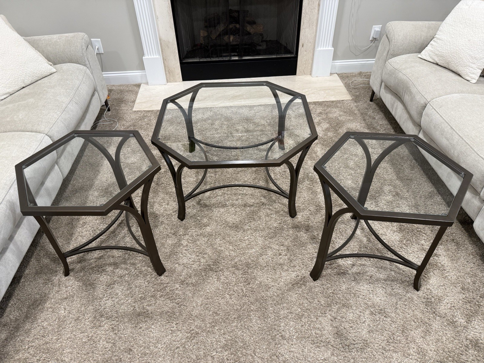 Hexagonal Glass Top Metal Coffee & End Table Set for Living Room, 3 Piece gallery