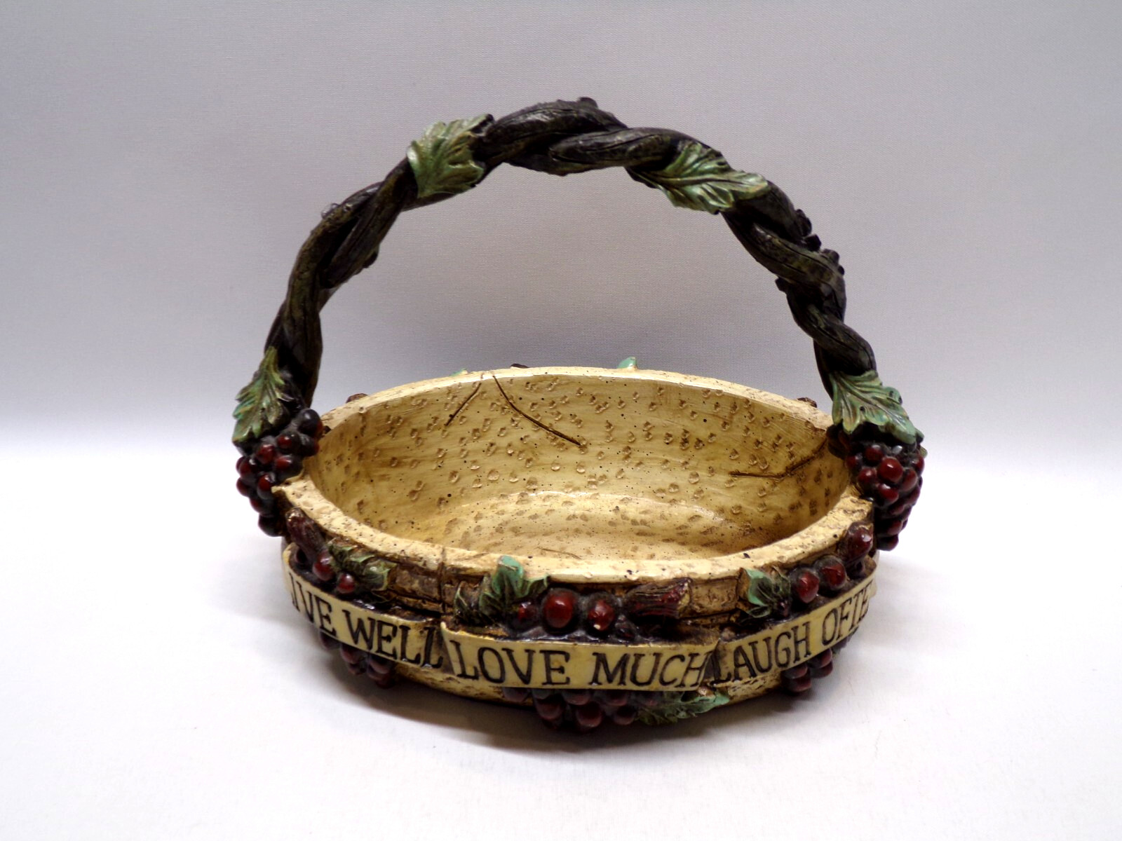 Resin Basket w/Grape And Vine Design Live Well Love Much Laugh Often Table Decor gallery