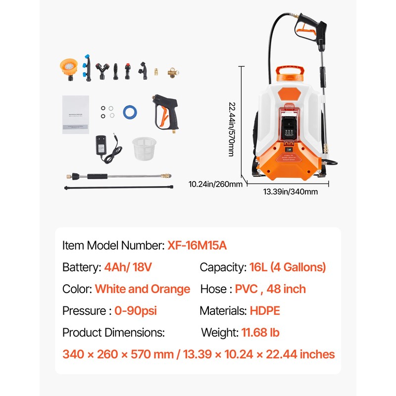 4 Gallon Battery Powered Backpack Sprayer 0-90 PSI 4H Runtime for Yard Lawn gallery