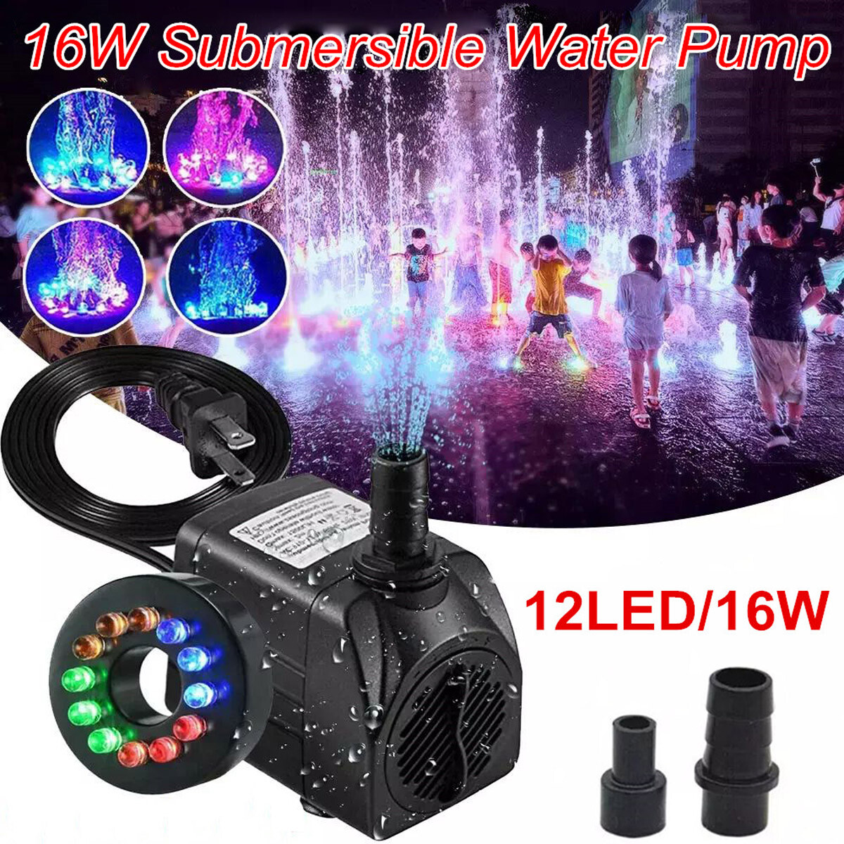 Submersible Water Pump W/ 12 LED 16W Lights For Fountain Pool Garden Pond Tank gallery