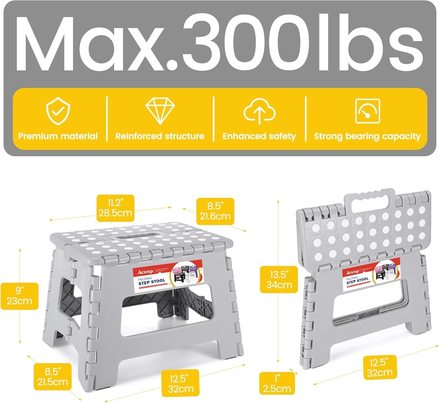 Folding Step Stool Plastic Foldable Stools with Portable Handle Grey 9" 11" 13" gallery