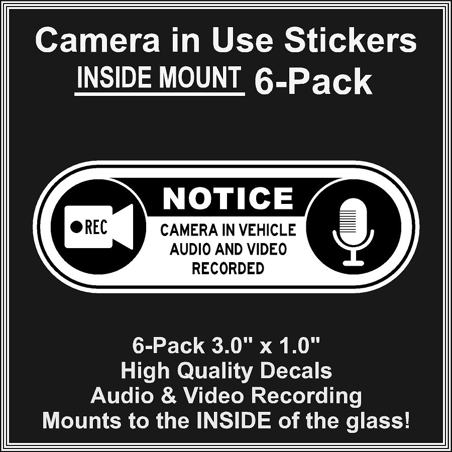 Camera in Car Recording Video 6-Pack INSIDE MOUNT Decals White Black 3.0" x 1.0" gallery