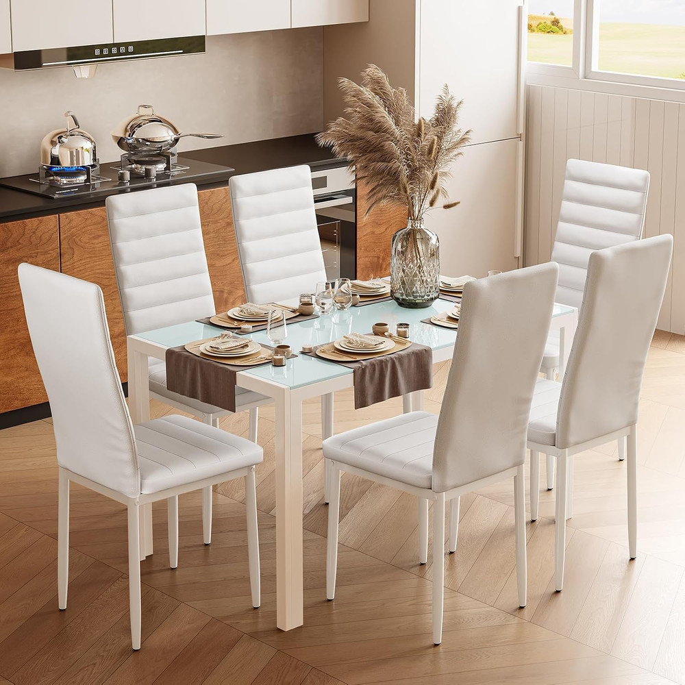 Bealife Kitchen Dining Table Set for 6, Tempered Glass 7 Piece Table and Chairs
