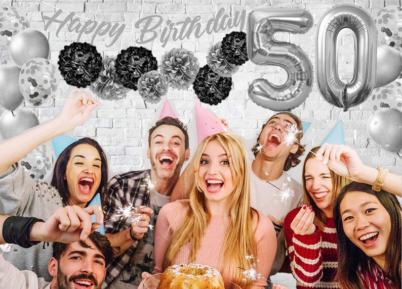 Silver & Black 50th Birthday Decorations - 40" Number Balloons &More Boy or Girl gallery