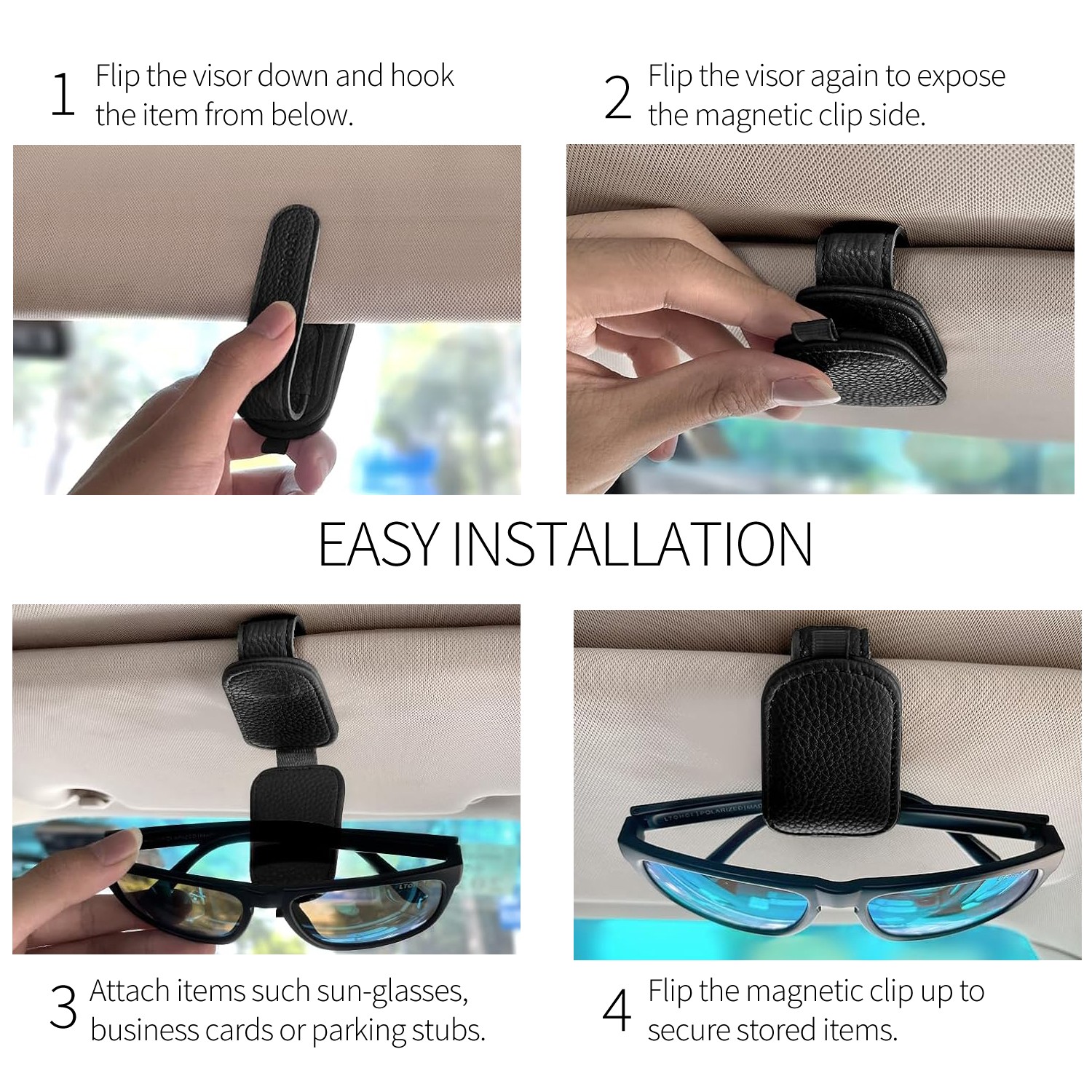 Jeep Wrangler Rectangle Black Leather Magnetic Sunglass Sun Visor Holder gallery