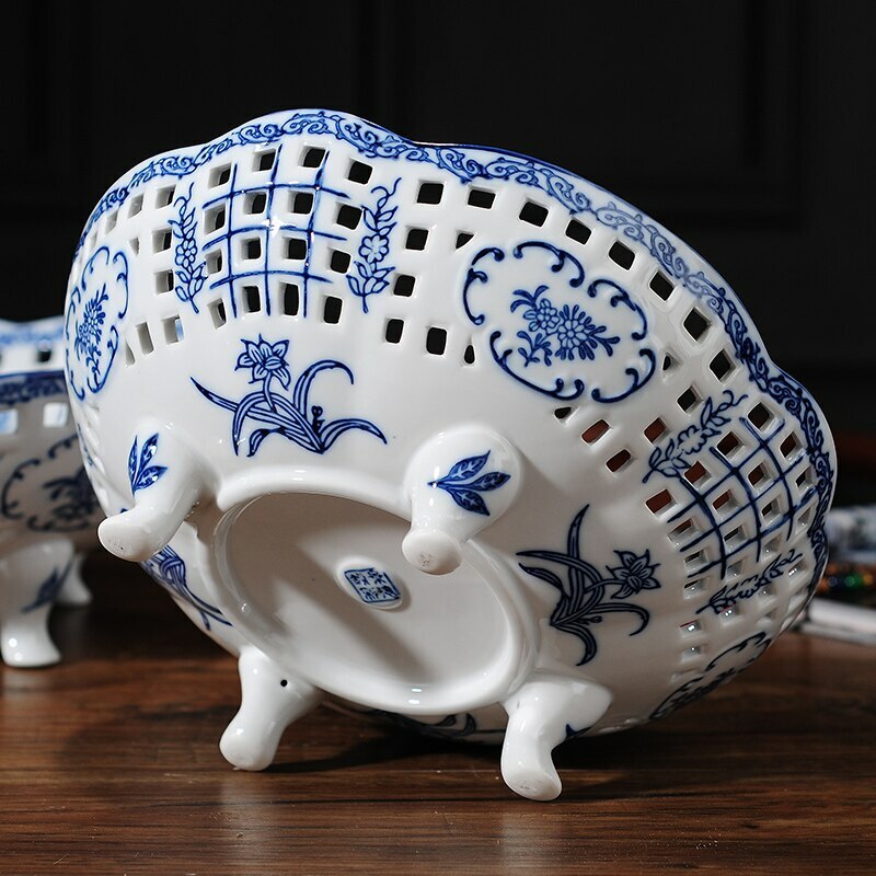 Jingdezhen Pierced Blue White Porcelain Fruit Plate Living Room Tea Table Decor gallery