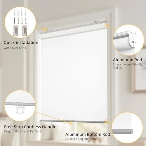 Cordless Free-Stop 100% Blackout Blinds for Windows, Roller 35"W x 72"H White gallery