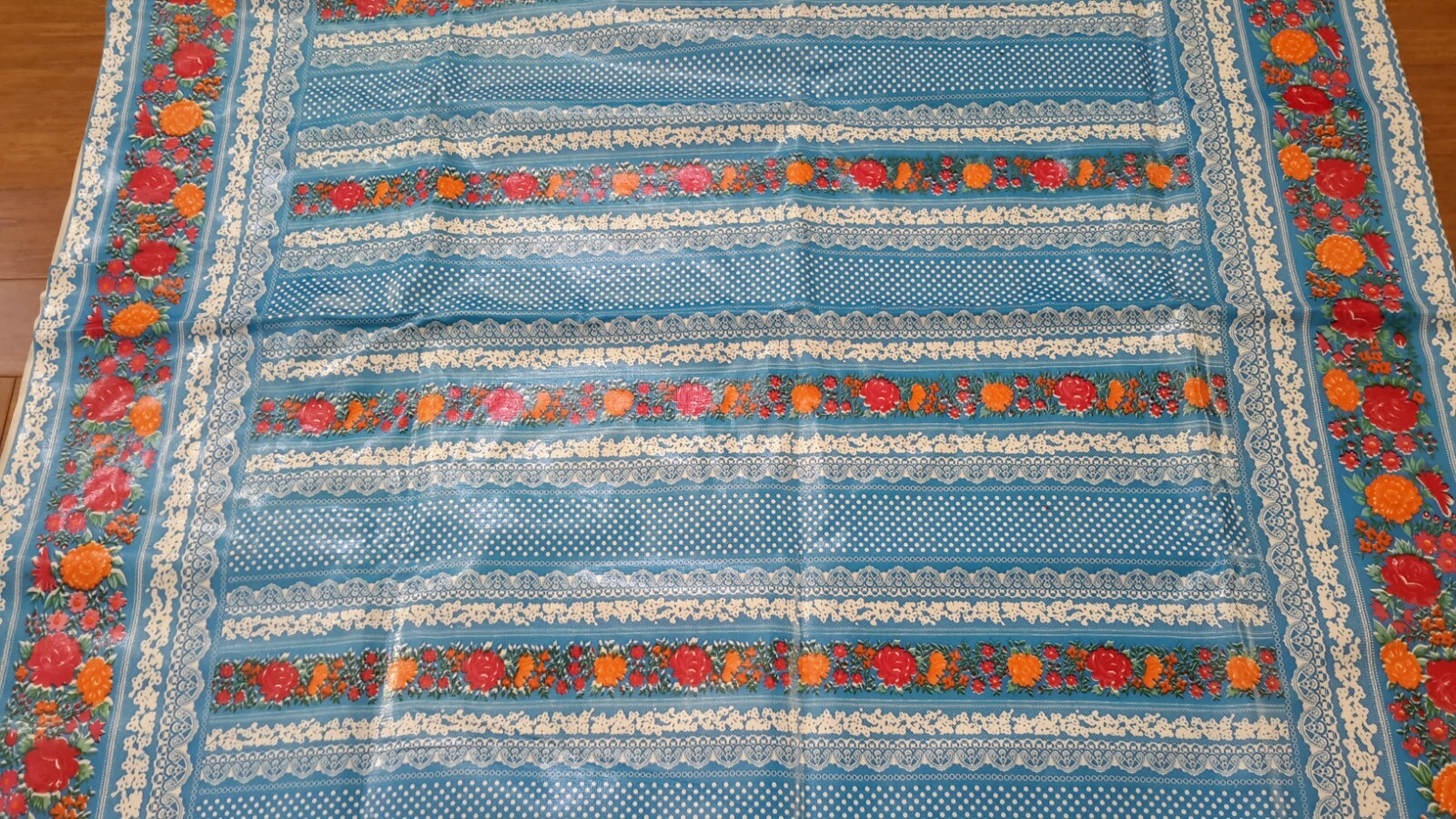Vinyl Rectangle Tablecloth Blue Red/Orange Floral/White Lace Pattern  70" x 47" gallery