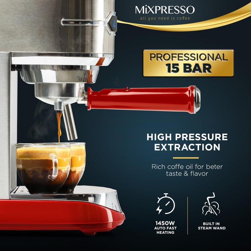 Mixpresso 15-Bar Automatic Espresso Machine with Milk Frother, 37 Oz, Dark Red gallery