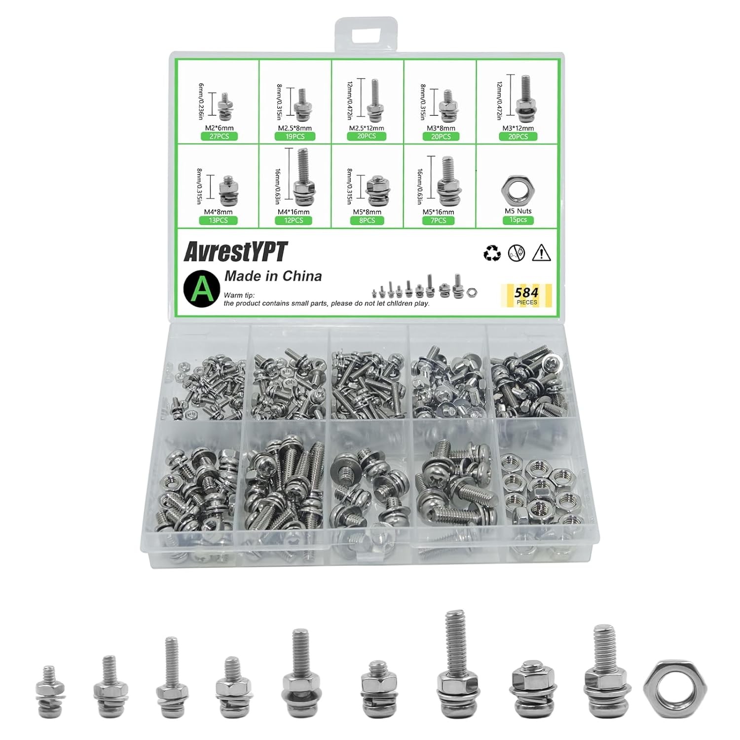 M2/2.5/3/4/5/6 Pan head phillips Screws Bolts Nuts&Washers Assortment Kit 6-30mm gallery