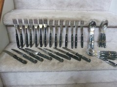 38 Piece Stainless Flatware Set 3 Rivet Black Dark Brown Melamine or Wood Handle