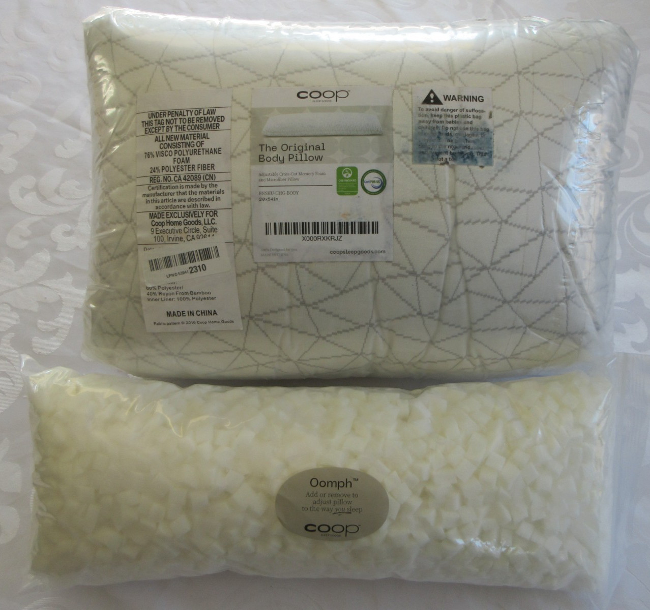 Coop Home Goods Original Adjustable Body Pillow, 20x54", EXTRA FILL INCLUDED NEW gallery