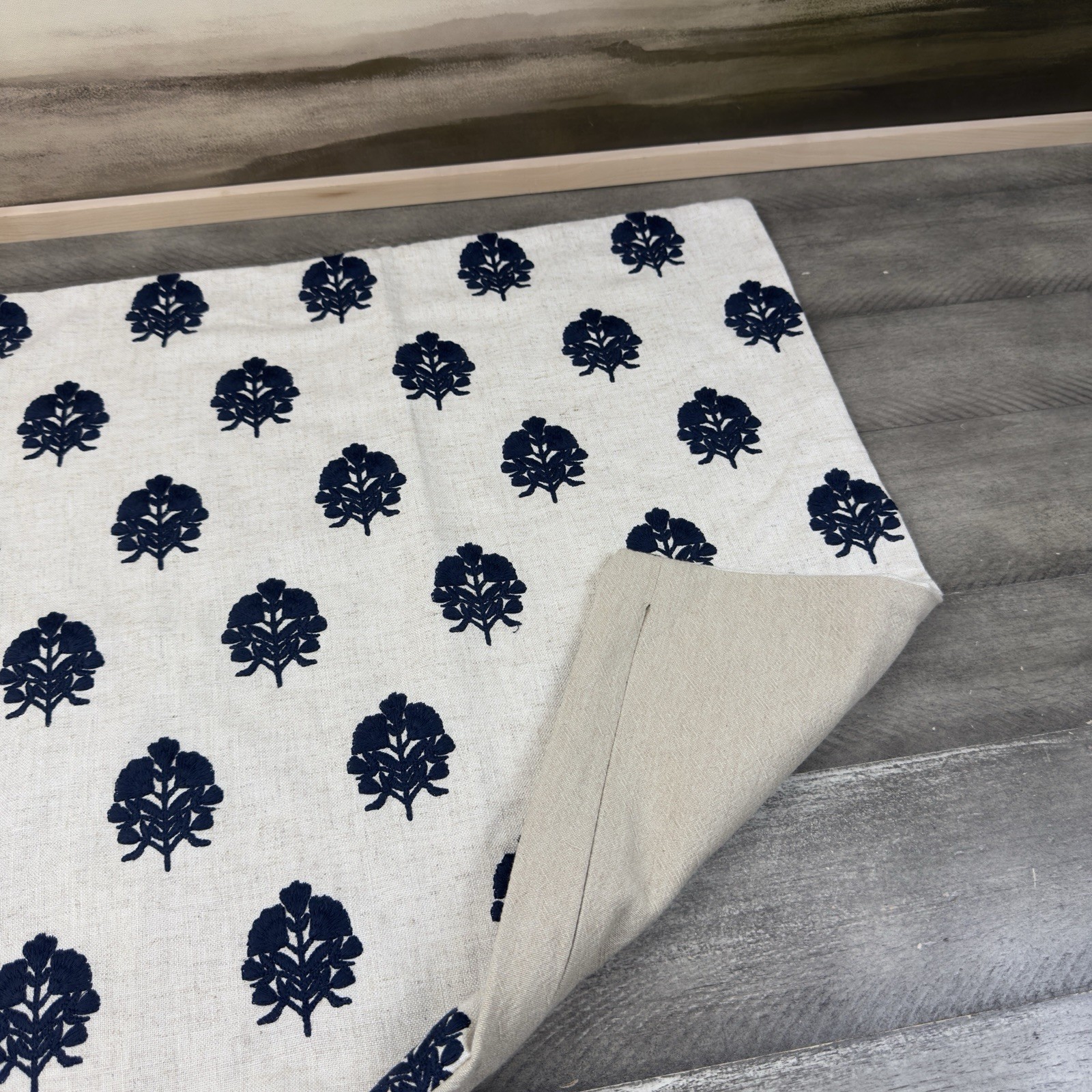 Pottery Barn Mila Embroidered Pillow Cover 20”x20” Natural Midnight Blue Flax OB gallery