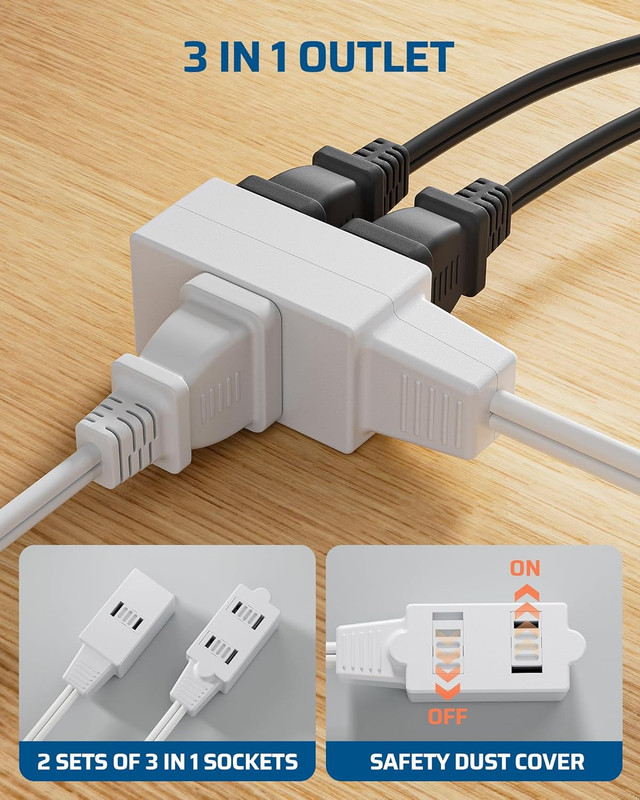 DEWENWILS 10FT Extension Cord, 2 Prong Extension Cord 3 Outlet 13A/125V/1625W gallery