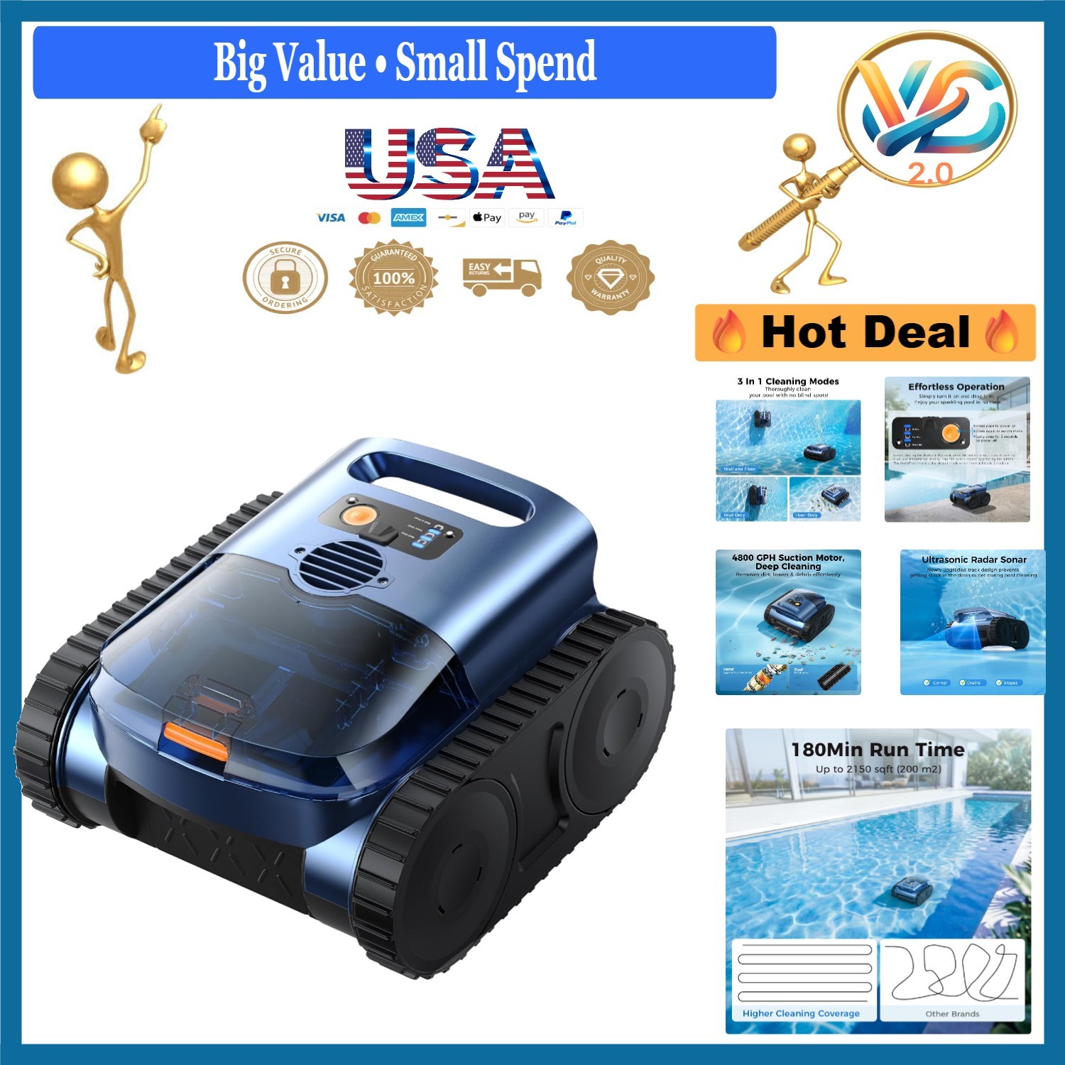 Robotic Pool Cleaner Cordless Inground Pool Vacuum 2150 sq ft 180 min Runtime... gallery