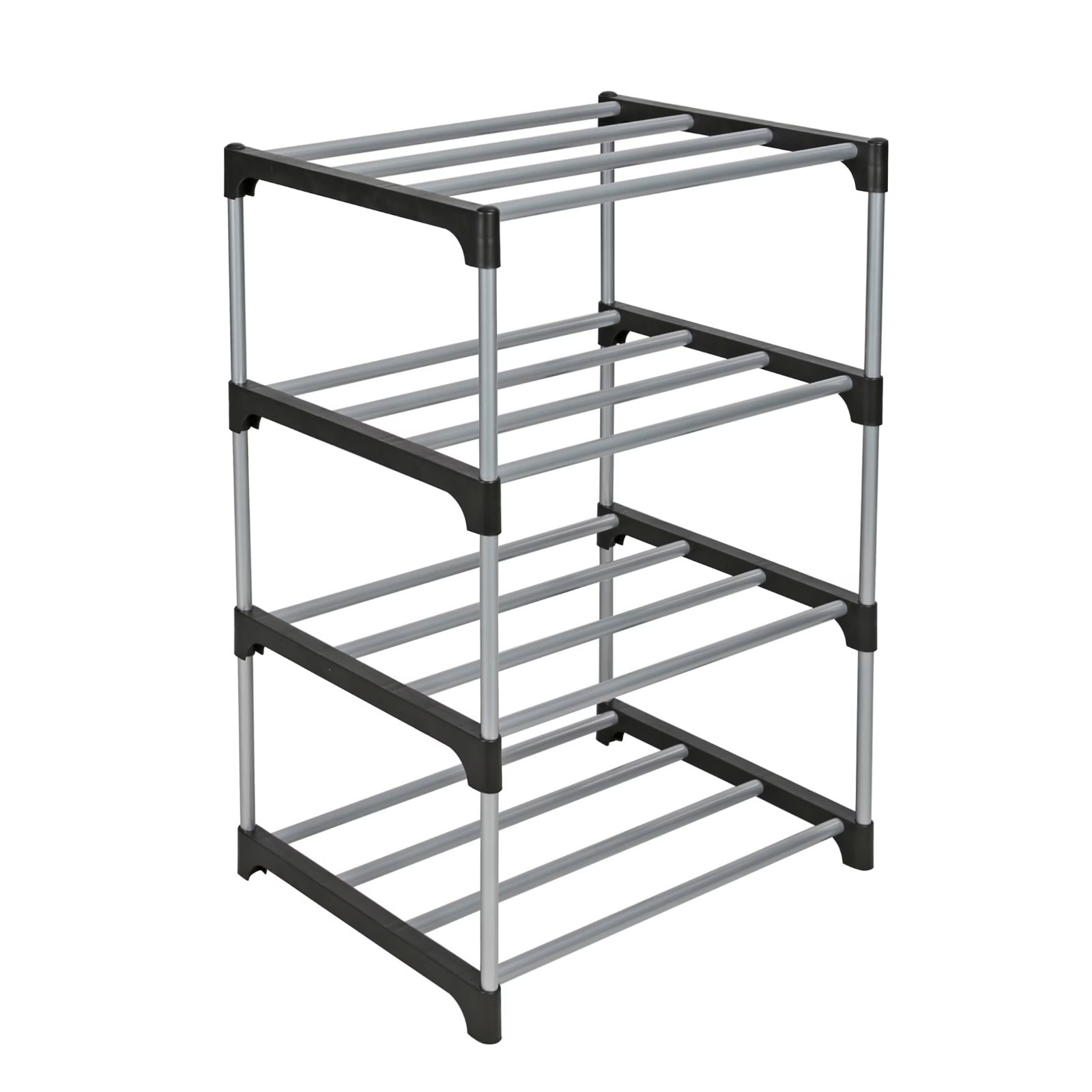 4 Tier Shoe Rack Black, Silver 8 Pairs of Shoes Metal Tubes, Plastic Connectors gallery
