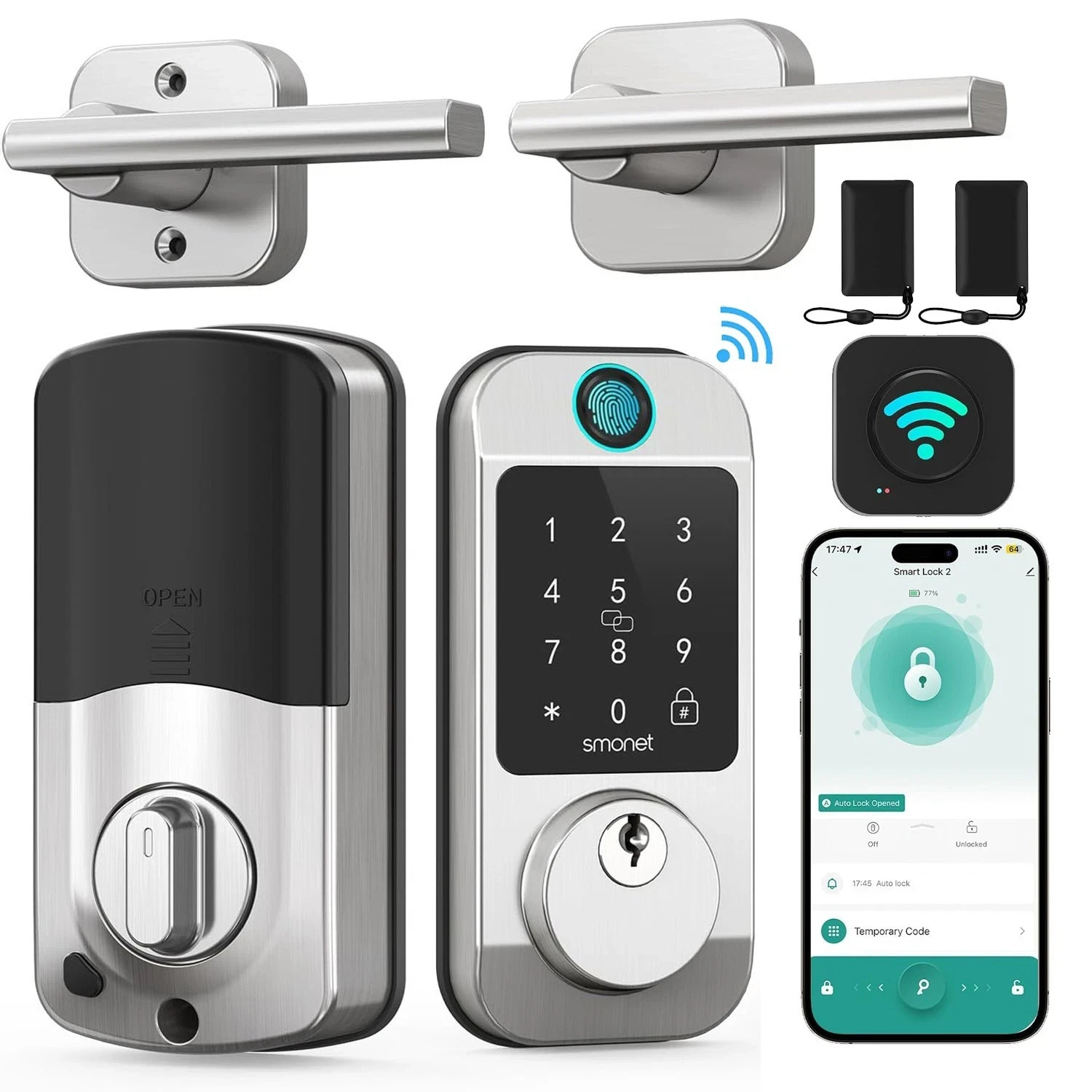 SMONET WiFi Smart Door Lock Lever Handle Set Fingerprint Keyless Digital Keypad gallery