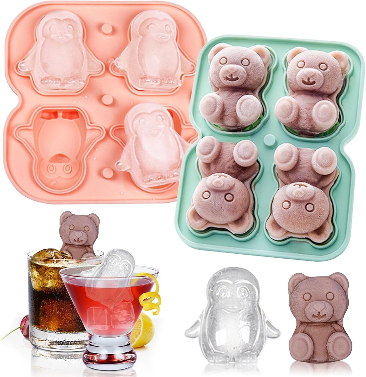 2 Pack Silicone Ice Cube Molds Fun Shapes 3D Animal Large Ice Cube Trays with gallery