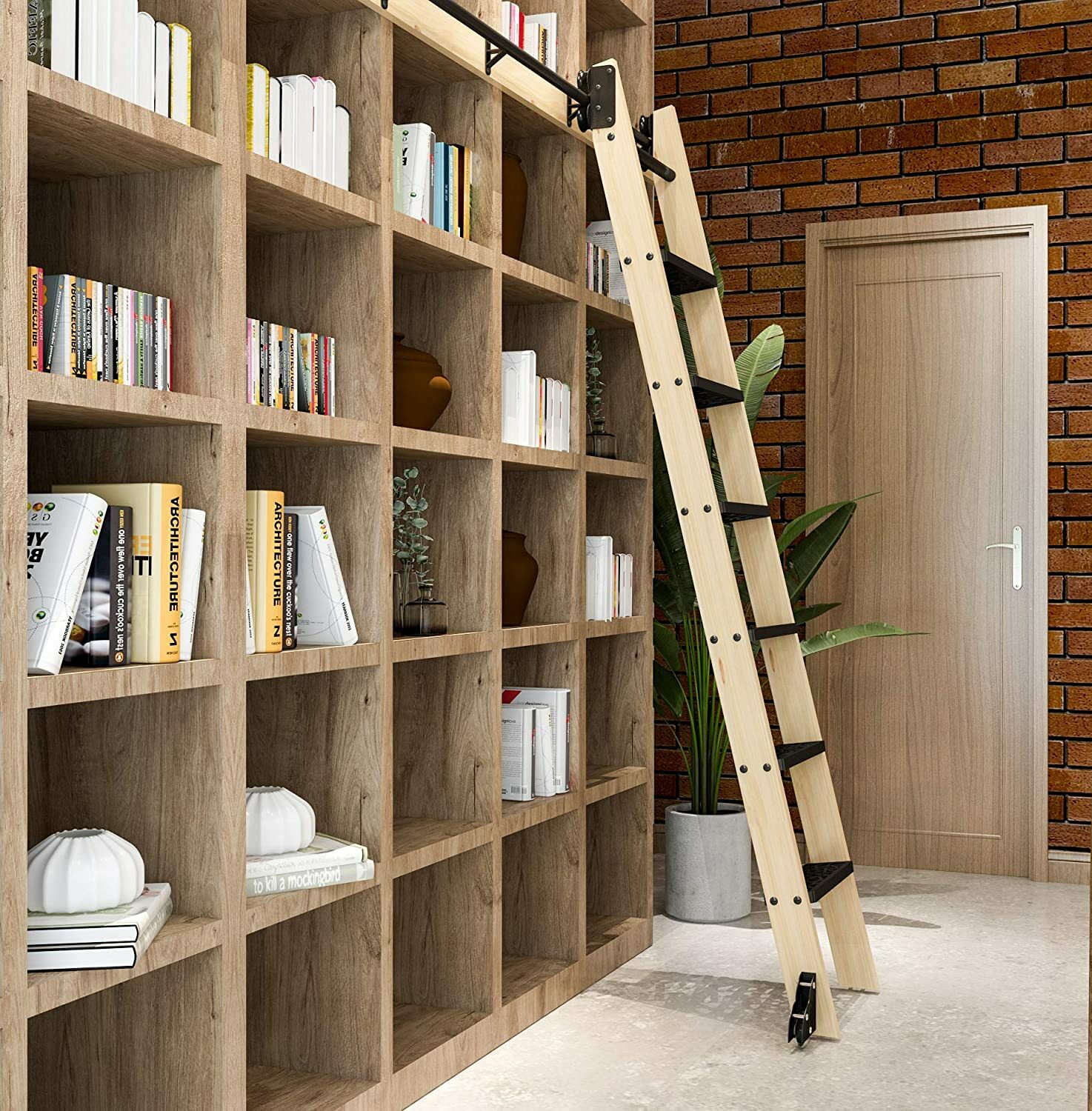 Unfinished Pine Wood Sliding Library Ladder with Metal Step Rolling Ladder gallery