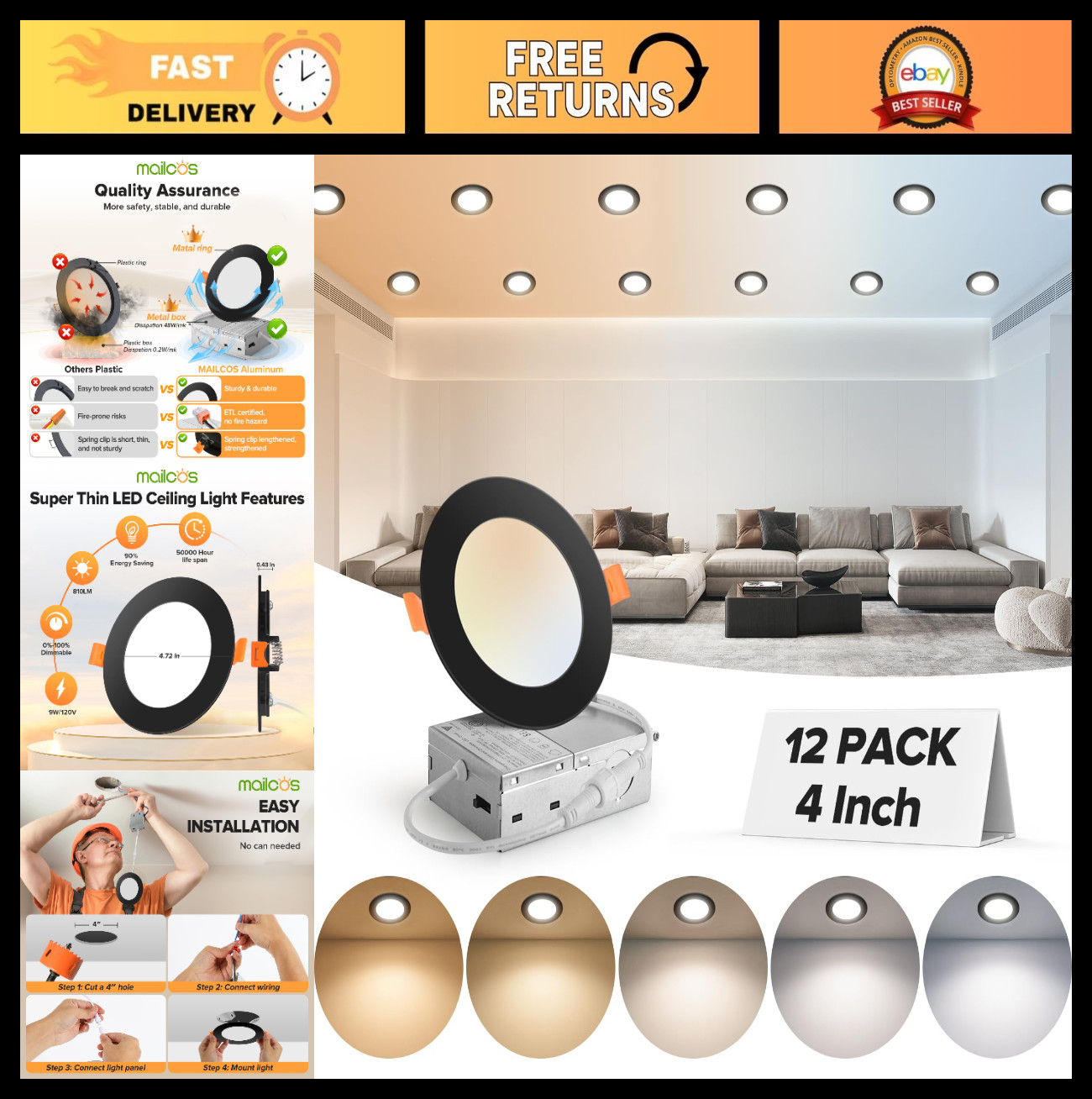 12 Pack 4" Ultra-Thin Dimmable LED Recessed Ceiling Lights, 5CCT, 810LM, Canless gallery