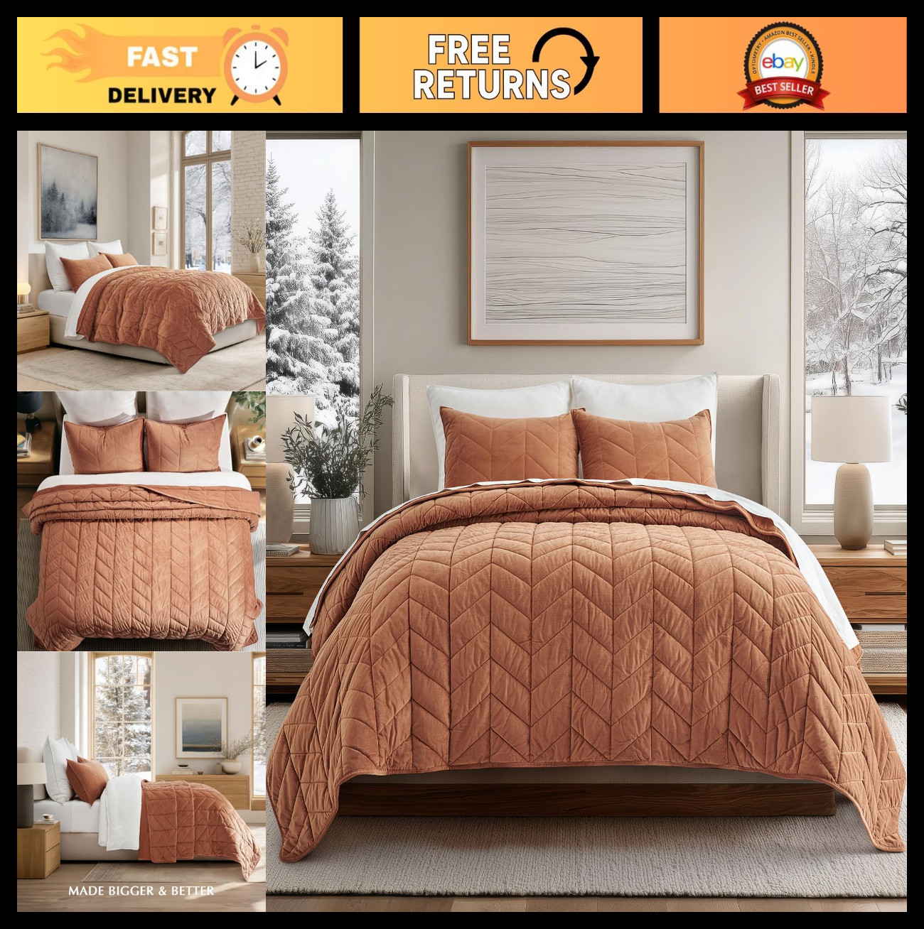 Luxurious Velvet King Quilt Set - Ultra Soft Lightweight Comforter & 2 Shams, Bu gallery