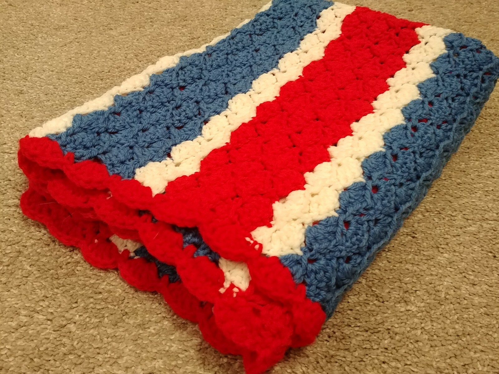 Handmade Crochet Afghan Throw Blanket Stripes 31" x 47" Red White Blue gallery