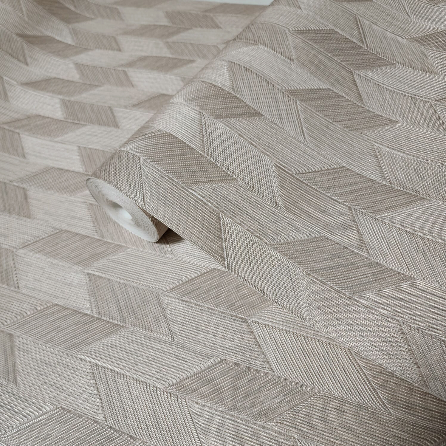 Tan cream parallelogram herringbone thread lines faux fabric textured wallpaper gallery