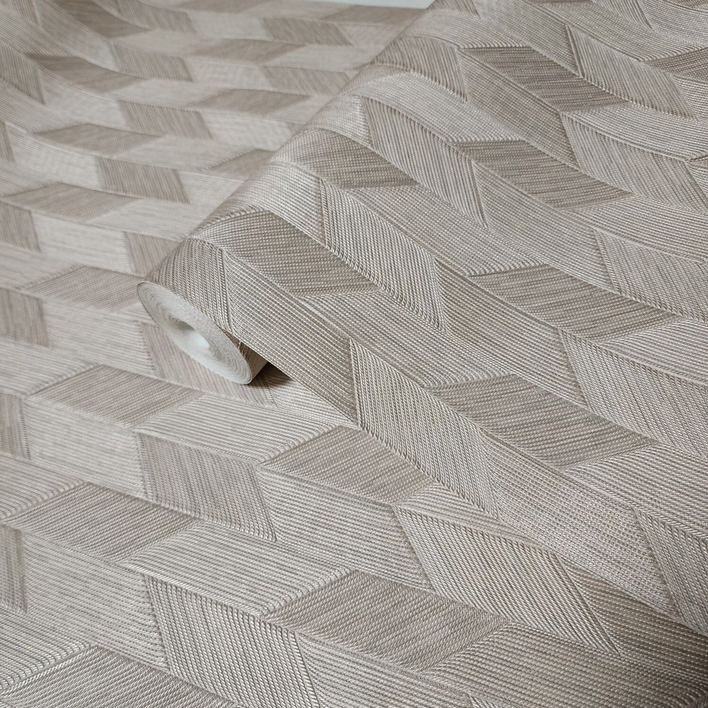 Tan cream parallelogram herringbone thread lines faux fabric textured wallpaper