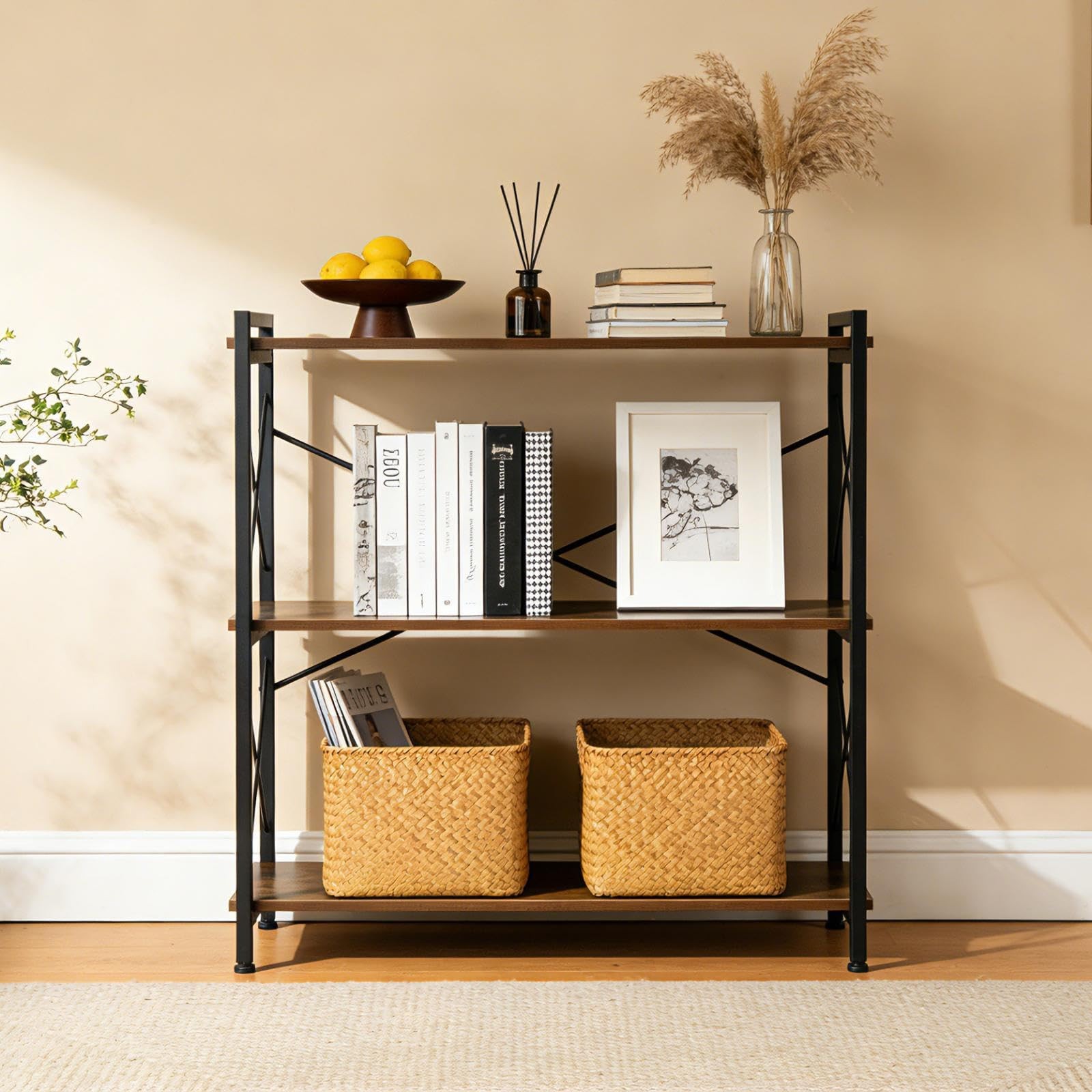 3 Tier Storage Shelf, Small Industrial Shelving Unit with Metal Frame & Wood ... gallery