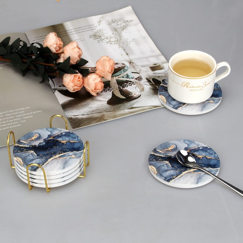 6 Pcs Navy Blue Marble Abstract Ceramic Coasters with Holder Best Absorbent Drin gallery