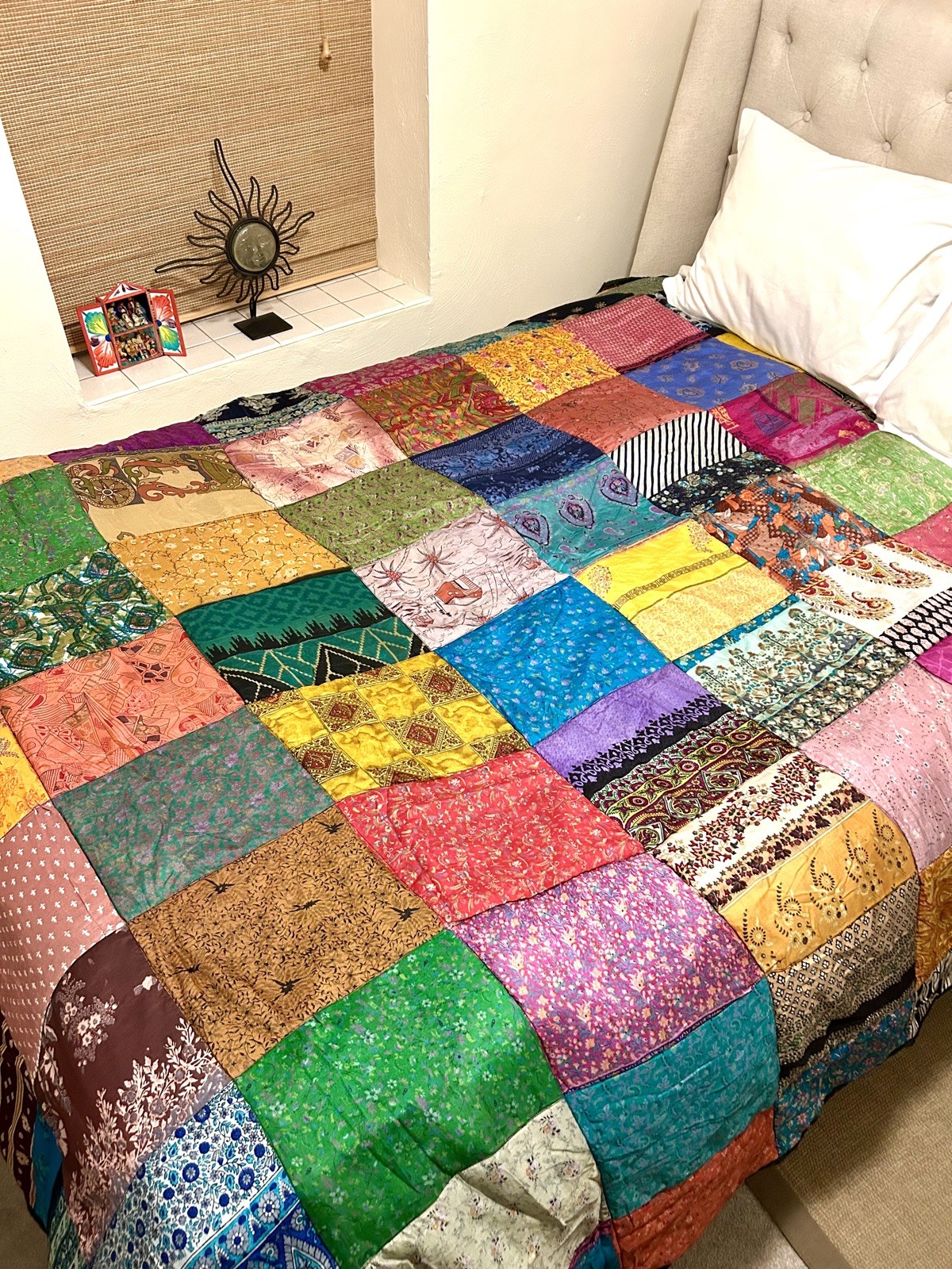 Sacred Threads Bohemian Silk Patchwork Quilt. 78”X 93”. Made In India gallery
